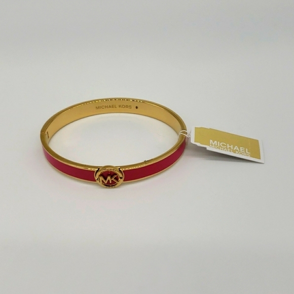 1191- MICHAEL Michael Kors Haute Gold Enamel Fuchia Color Bangle Bracelet NWT - Picture 2 of 8